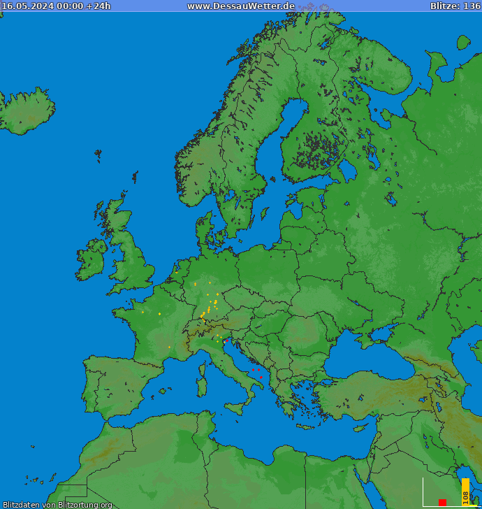 Bliksem kaart Europa 16.05.2024