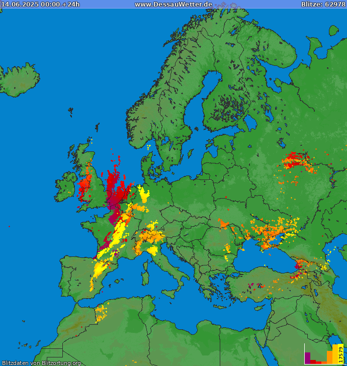 Mappa dei fulmini Europa 14.06.2025