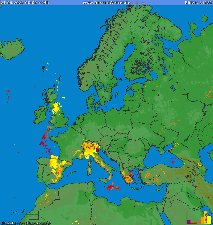 Bliksem kaart Europa 21.06.2025