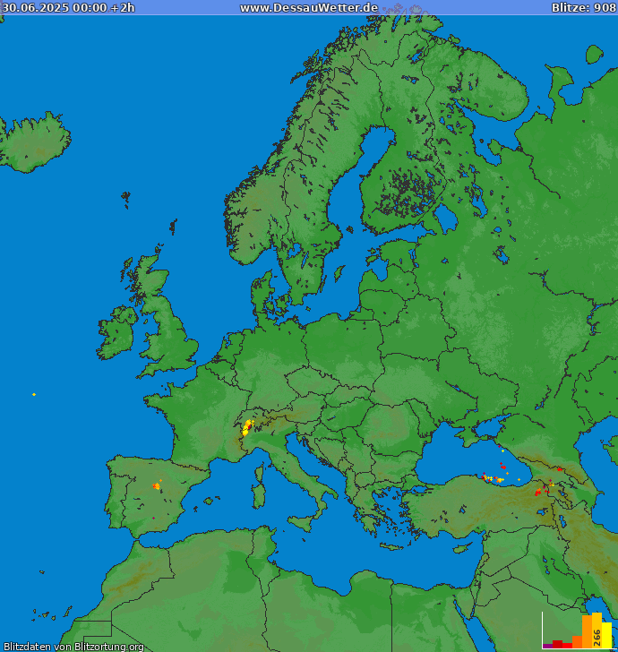 Mappa dei fulmini Europa 30.06.2025 (Animazione)