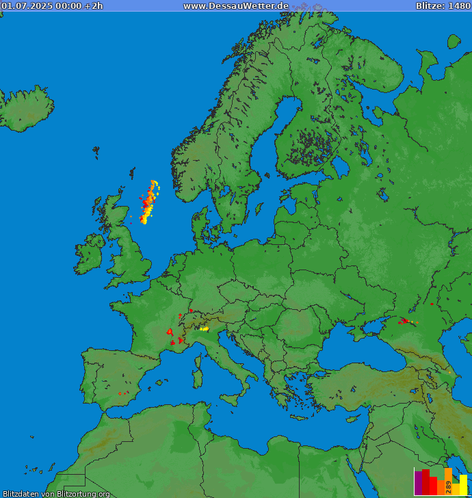 Lightning map Europe 2025-07-01 (Animation)