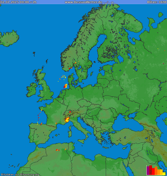 Lightning map Europe 2025-07-02 (Animation)