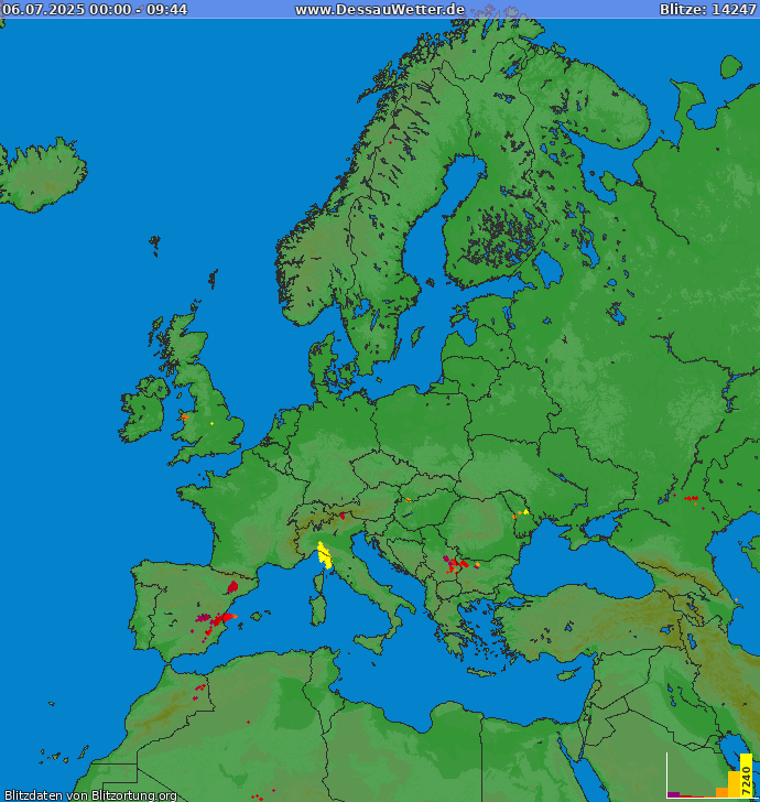 Lightning map Europe 2025-07-06
