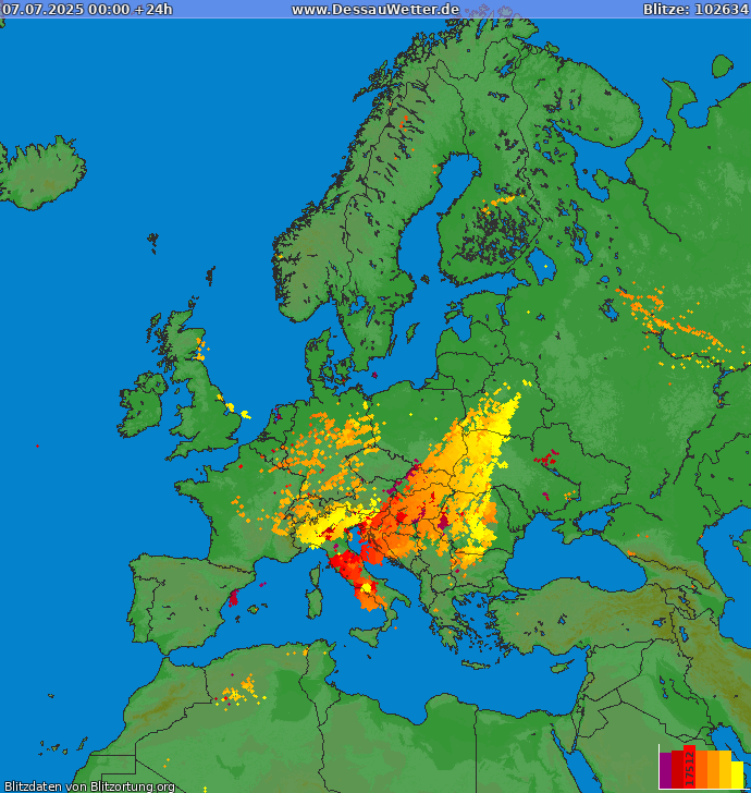 Mappa dei fulmini Europa 07.07.2025