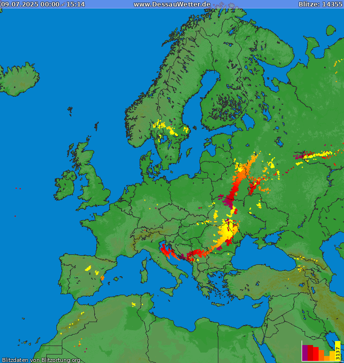Bliksem kaart Europa 09.07.2025
