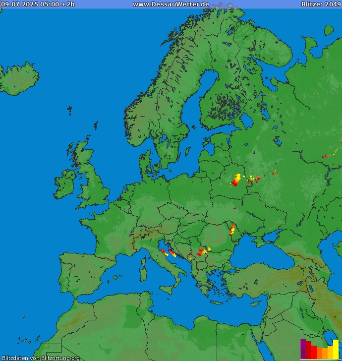 Carte de la foudre Europe 09/07/2025 (Animation)