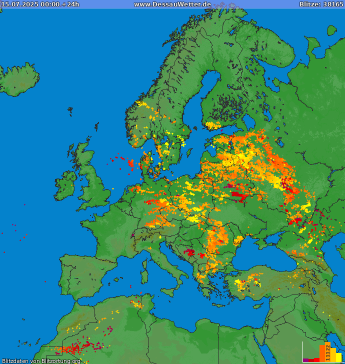 Lightning map Europe 2025-07-15