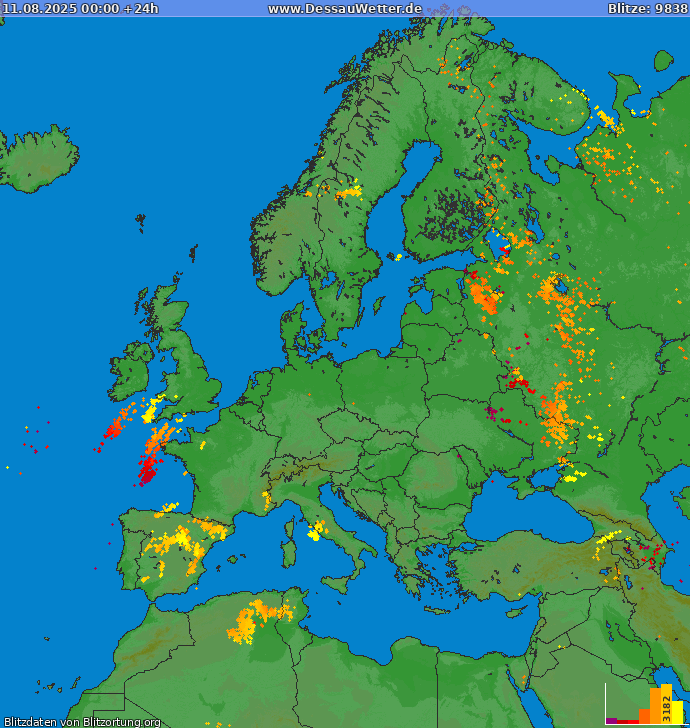 Lightning map Europe 2025-08-11