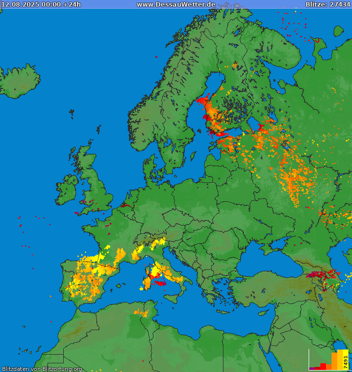 Bliksem kaart Europa 12.08.2025