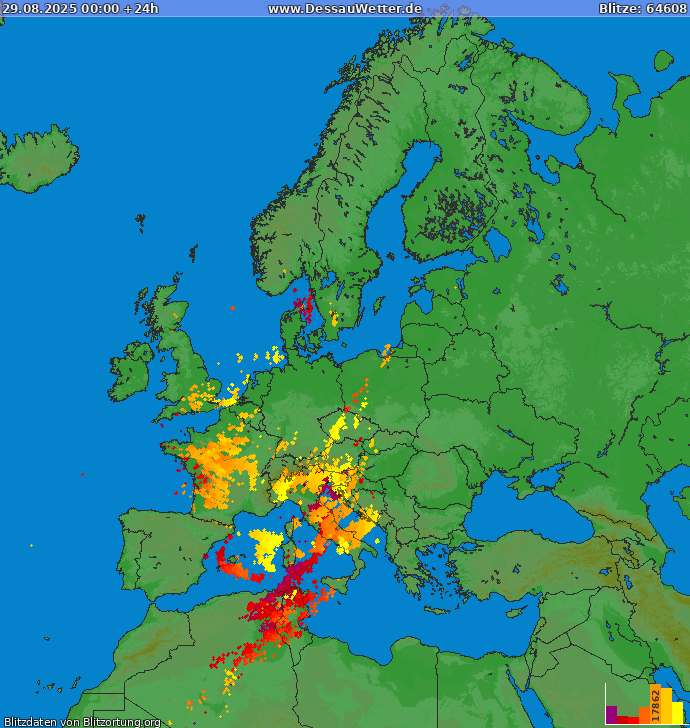 Lightning map Europe 2025-08-29