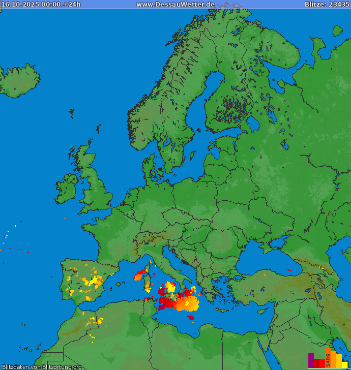 Lightning map Europe 2025-10-16