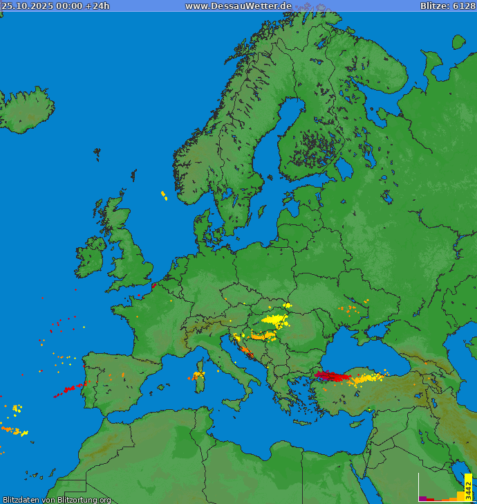 Bliksem kaart Europa 25.10.2025