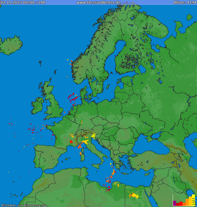 Lightning map Europe 2025-11-02