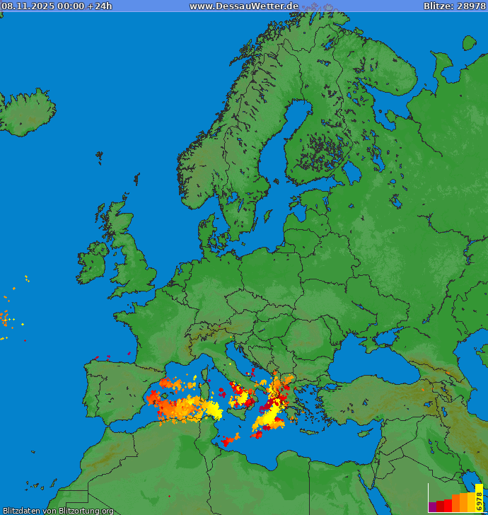 Bliksem kaart Europa 08.11.2025