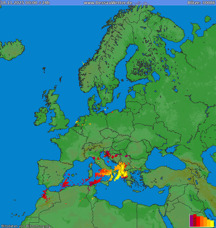 Bliksem kaart Europa 18.11.2025