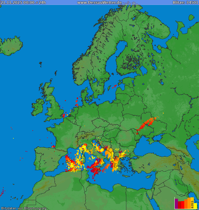 Bliksem kaart Europa 21.11.2025