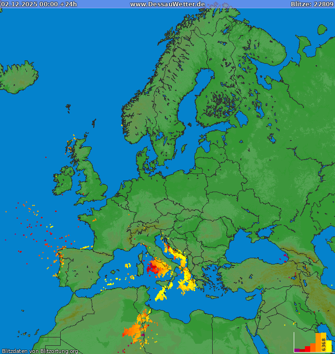 Lightning map Europe 2025-12-02