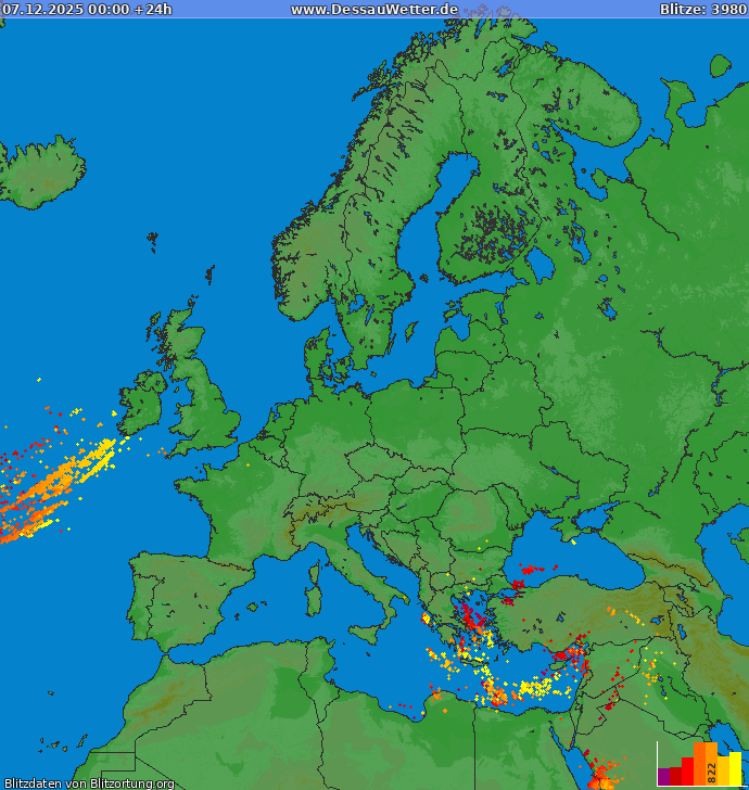 Lightning map Europe 2025-12-07