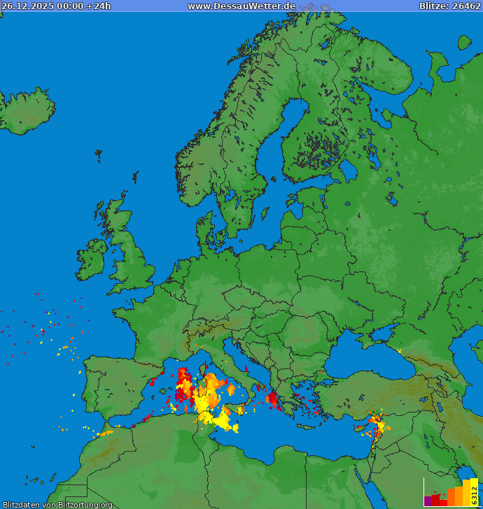 Bliksem kaart Europa 26.12.2025