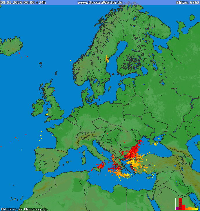 Bliksem kaart Europa 08.01.2026