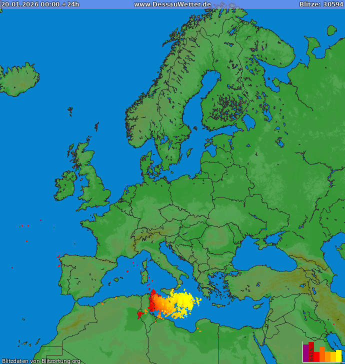 Bliksem kaart Europa 20.01.2026
