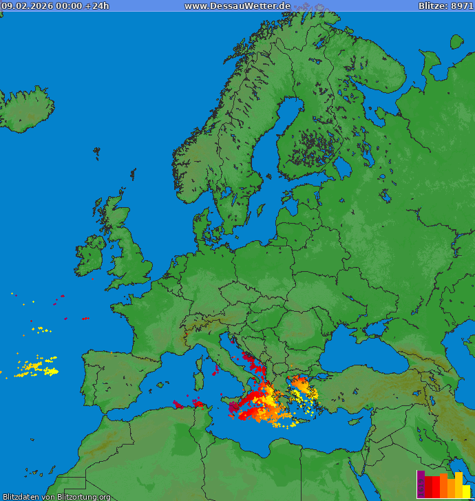 Bliksem kaart Europa 09.02.2026