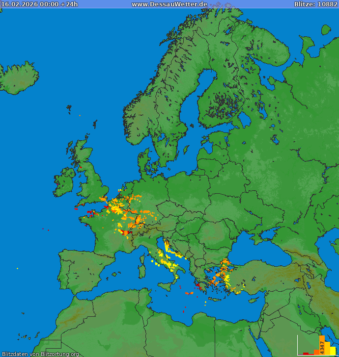 Bliksem kaart Europa 16.02.2026
