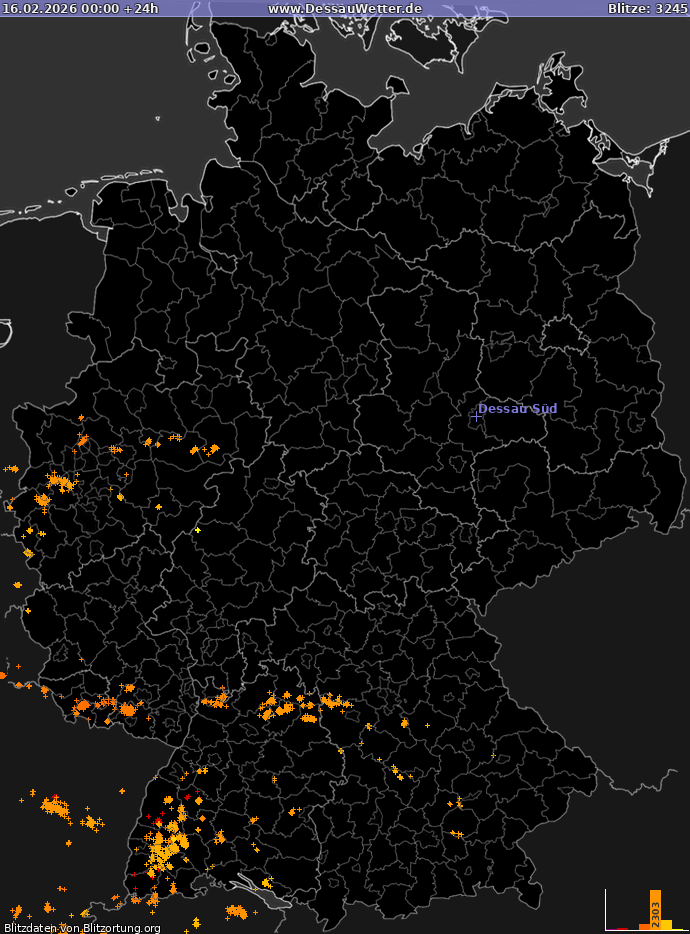 Bliksem kaart Duitsland 16.02.2026