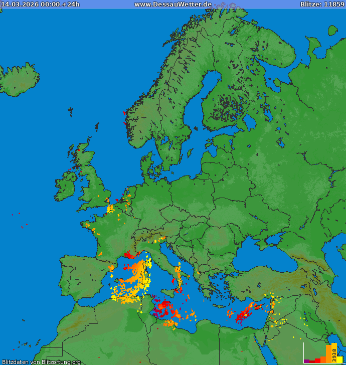 Lightning map Europe 2026-03-14