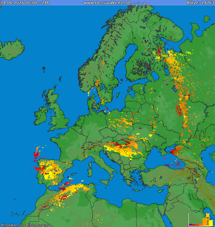Bliksem kaart Europa 14.06.2026