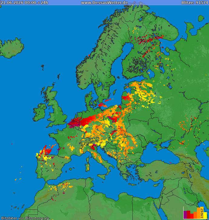Bliksem kaart Europa 21.06.2026