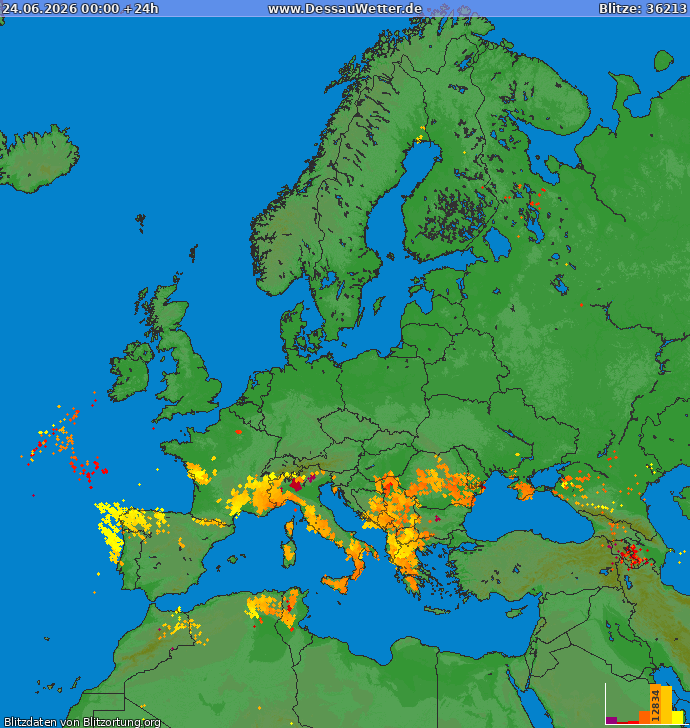 Bliksem kaart Europa 24.06.2026