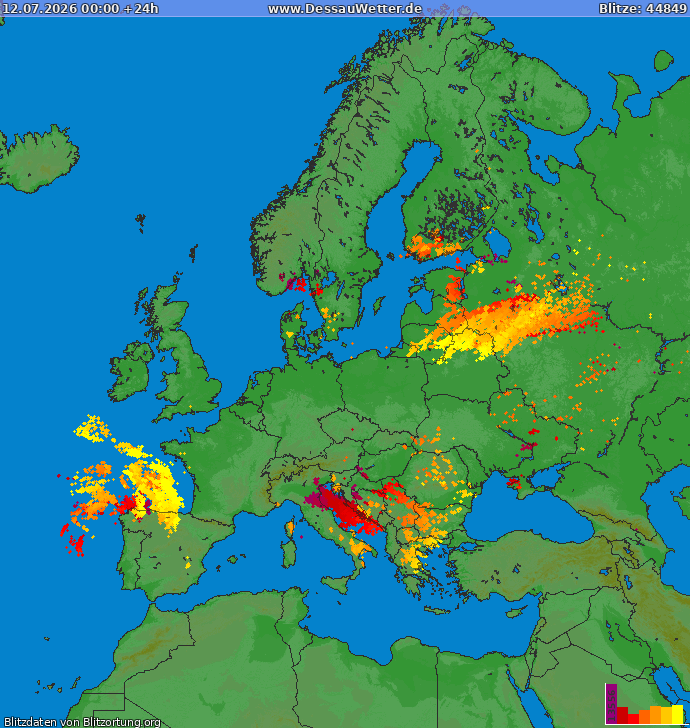 Lightning map Europe 2026-07-12