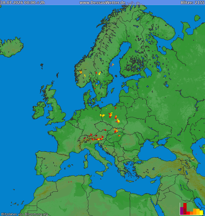 Mappa dei fulmini Europa 18.07.2026 (Animazione)