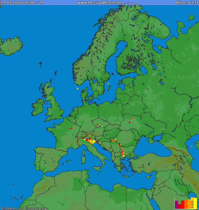 Bliksem kaart Europa 19.07.2026 (Animatie)